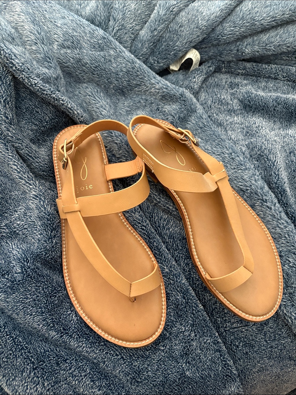 Joie Tan Leather T-Strap Sandals with Gold Buckle